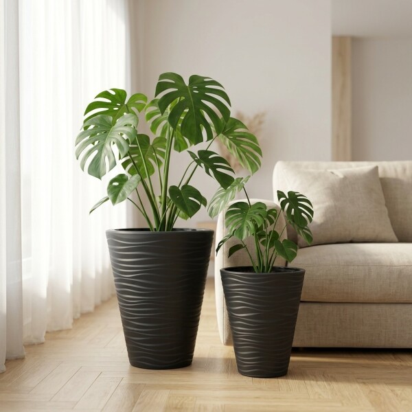 2er SET Blumenkübel 3D-Effekt Wellen-Design Anthrazit